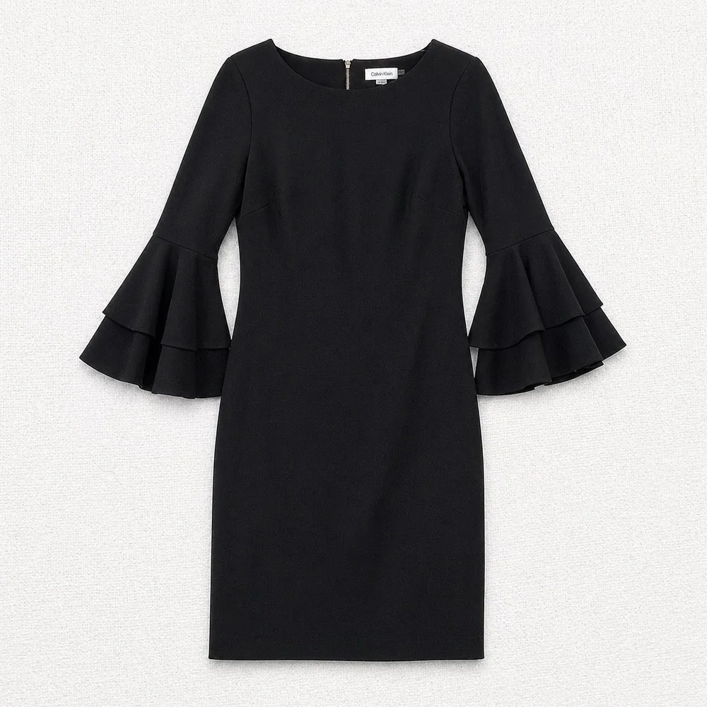 Calvin Klein Black Tiered Ruffle Bell Sleeve Sheath Dress Size 4 CD8C117C